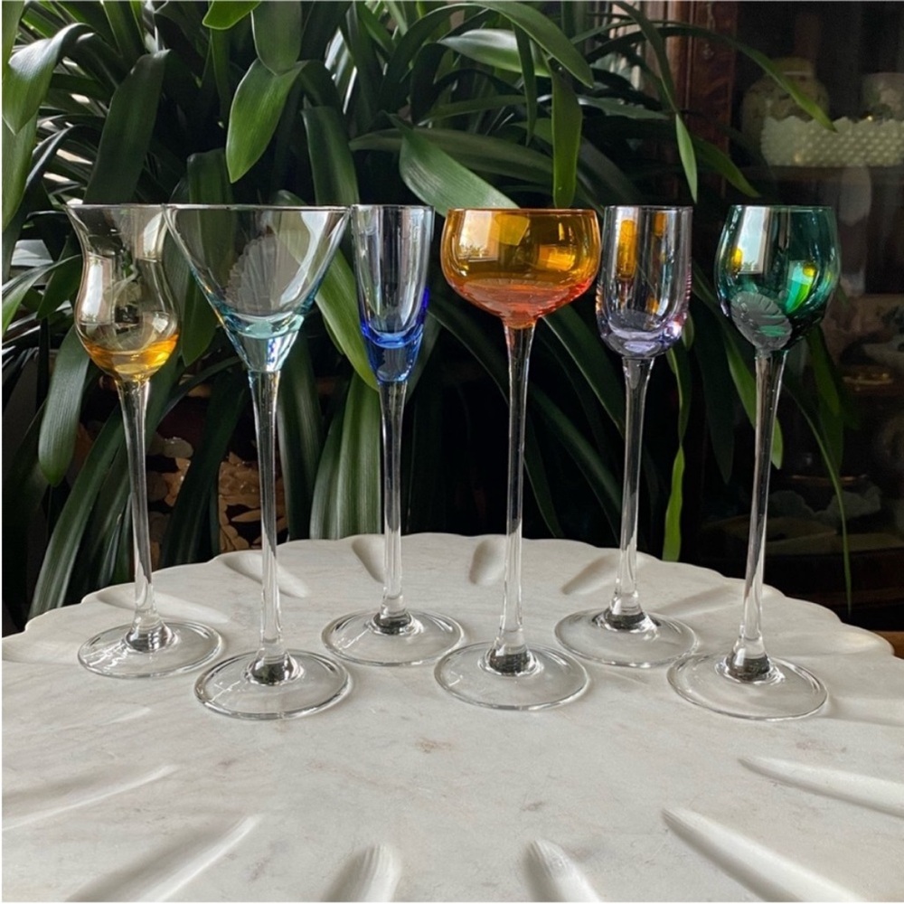 Set of 6 Jewel Multicoloured Cordial Liqueur Glasses Long Stemmed Varying Shapes